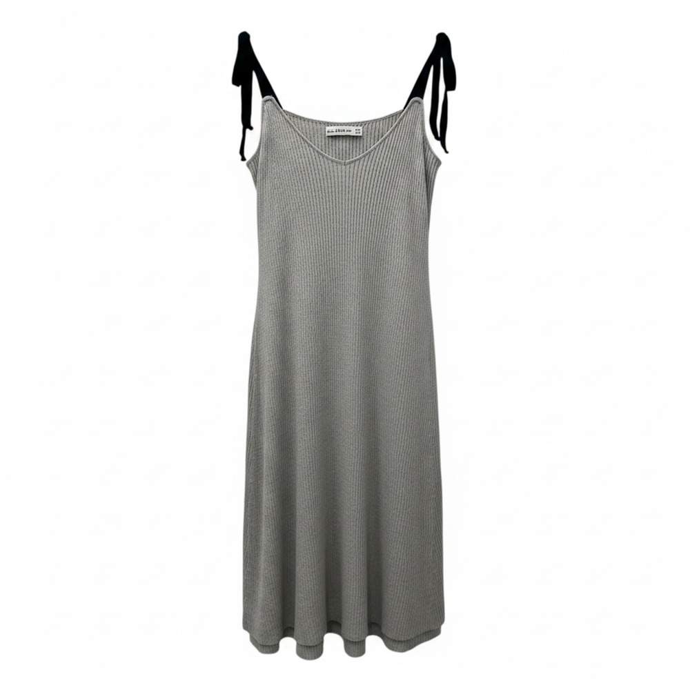 Zara Knit Dress Womens M Gray Ribbed Tie Strap Swing Trapeze Slip Midi